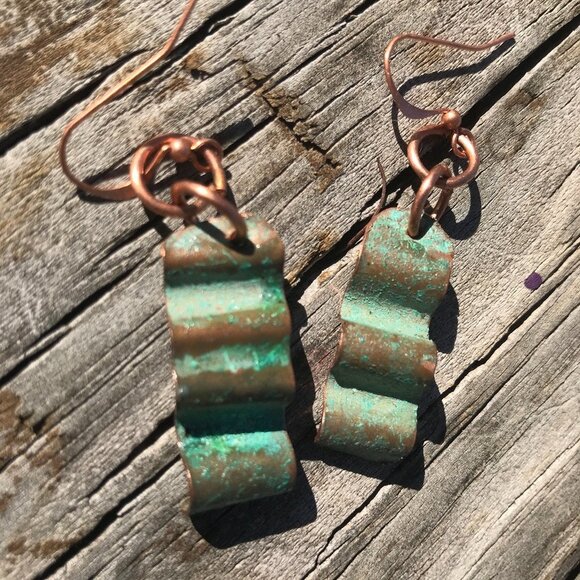 Solid Copper Patina Green Verdigris Earrings Drop Dangle Form Folded Brutalist - Picture 9 of 11
